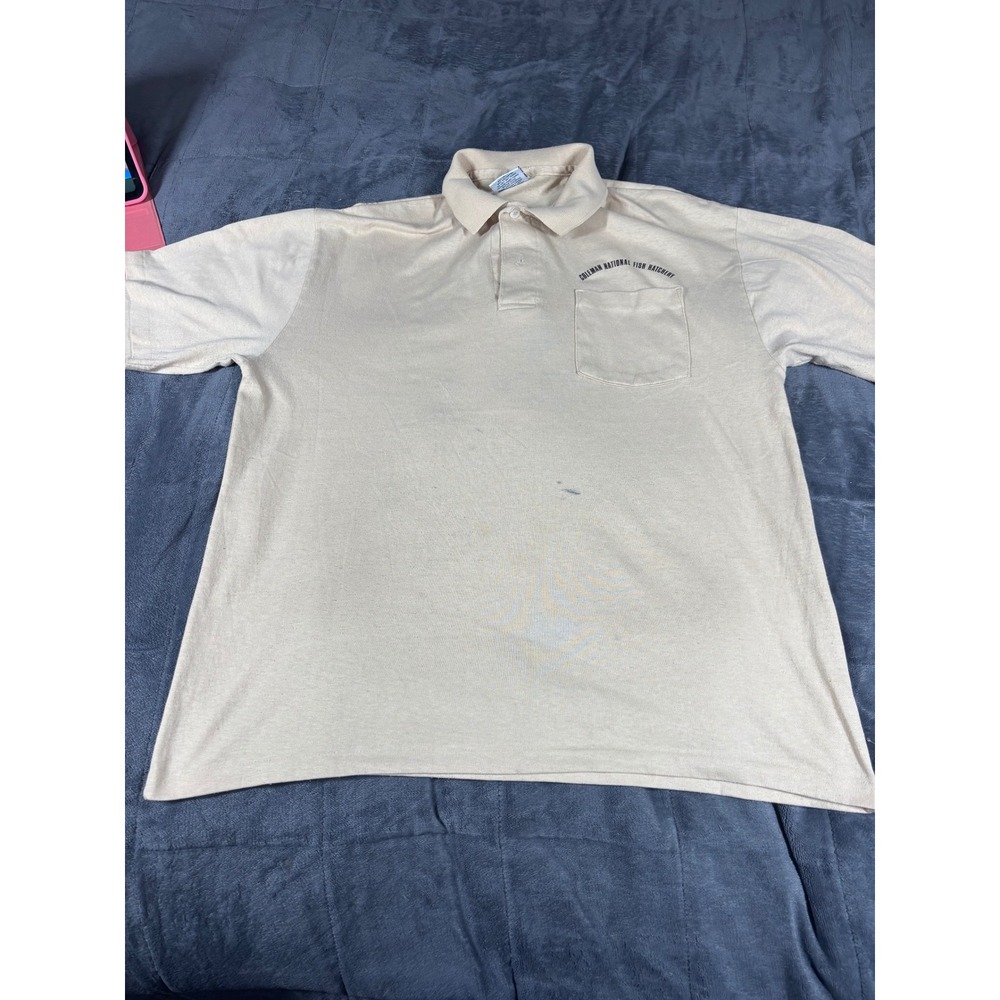 Vintage Print-Ons Coleman National Fish Hatchery Polo Shirt Tan Mens Large USA